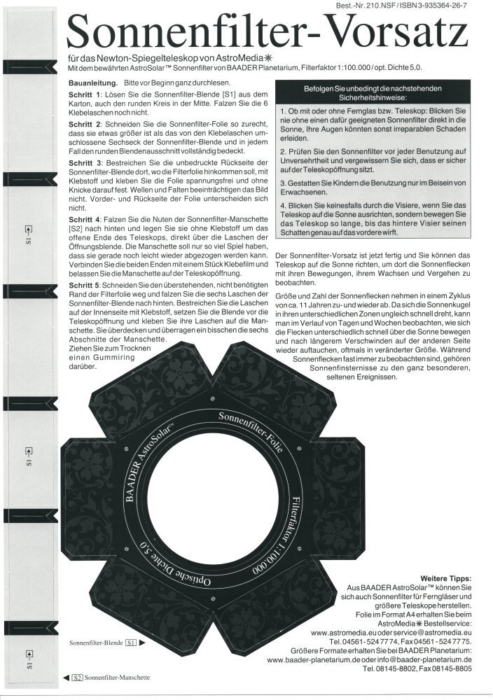 Astromedia Sonnenfilter Vorsatz für das Newton Spiegelteleskop 10-210.NSF