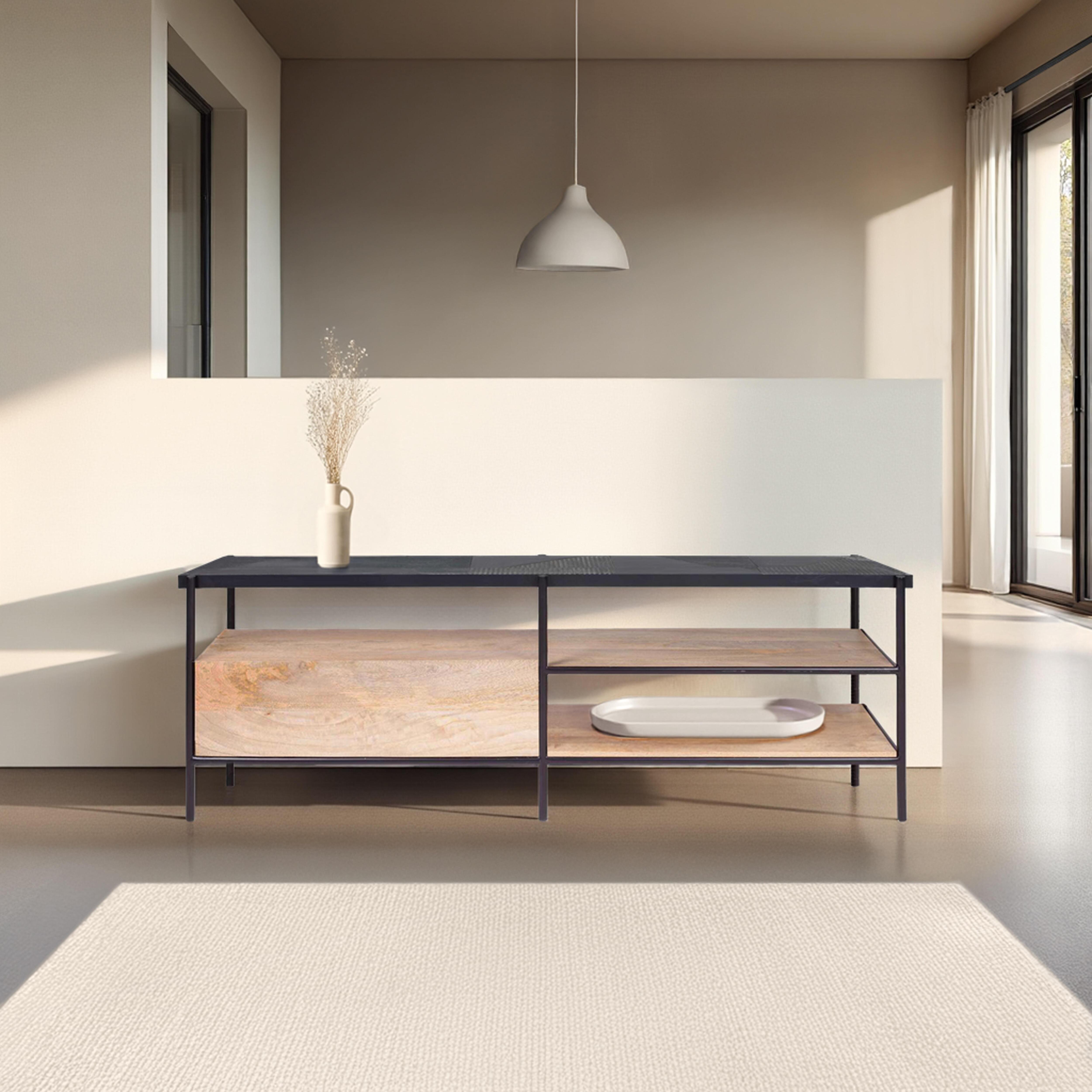 TV-Möbel aus massivem Marmor und Mangoholz, 150 cm, schwarz - Oviala Paheli 107579