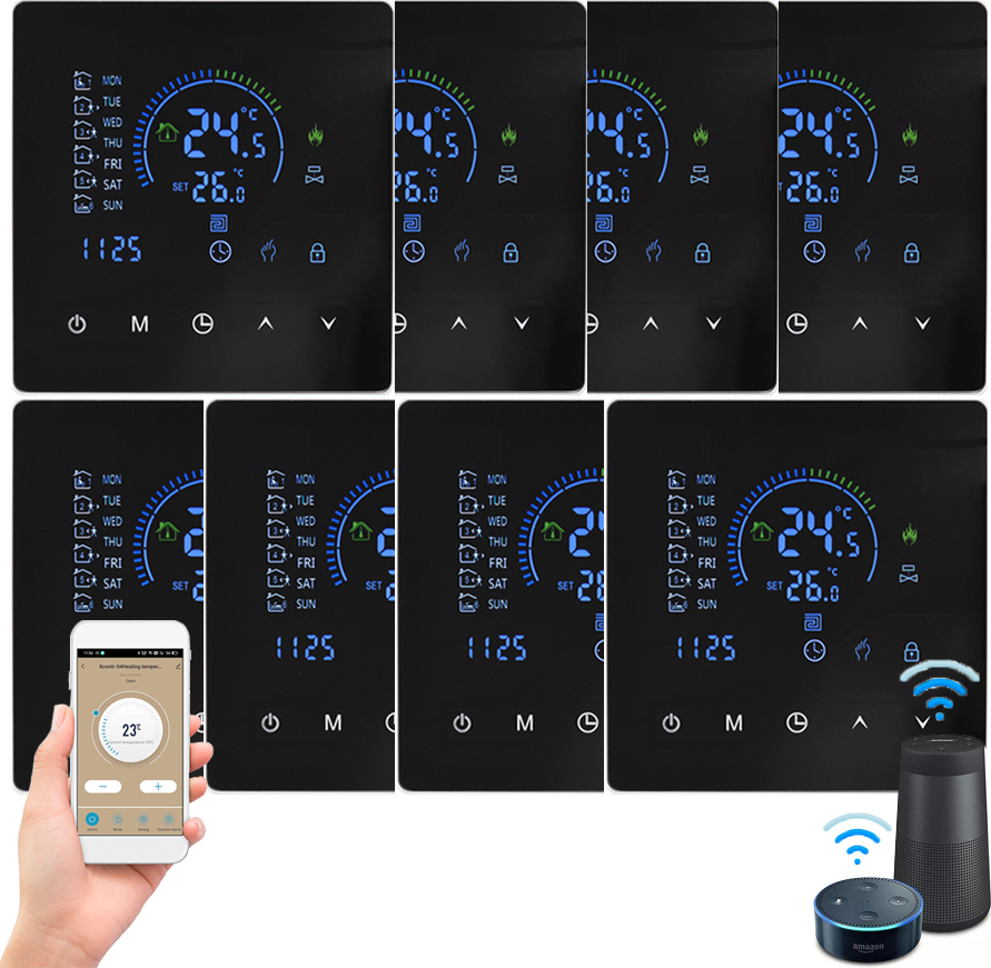 8X WiFi Smart Thermostat 3A izbový termostat Vodné ohrievače Podlahové kúrenie, dotykový displej, ovládanie cez APP, kompatibilný s Google Home/Alexa