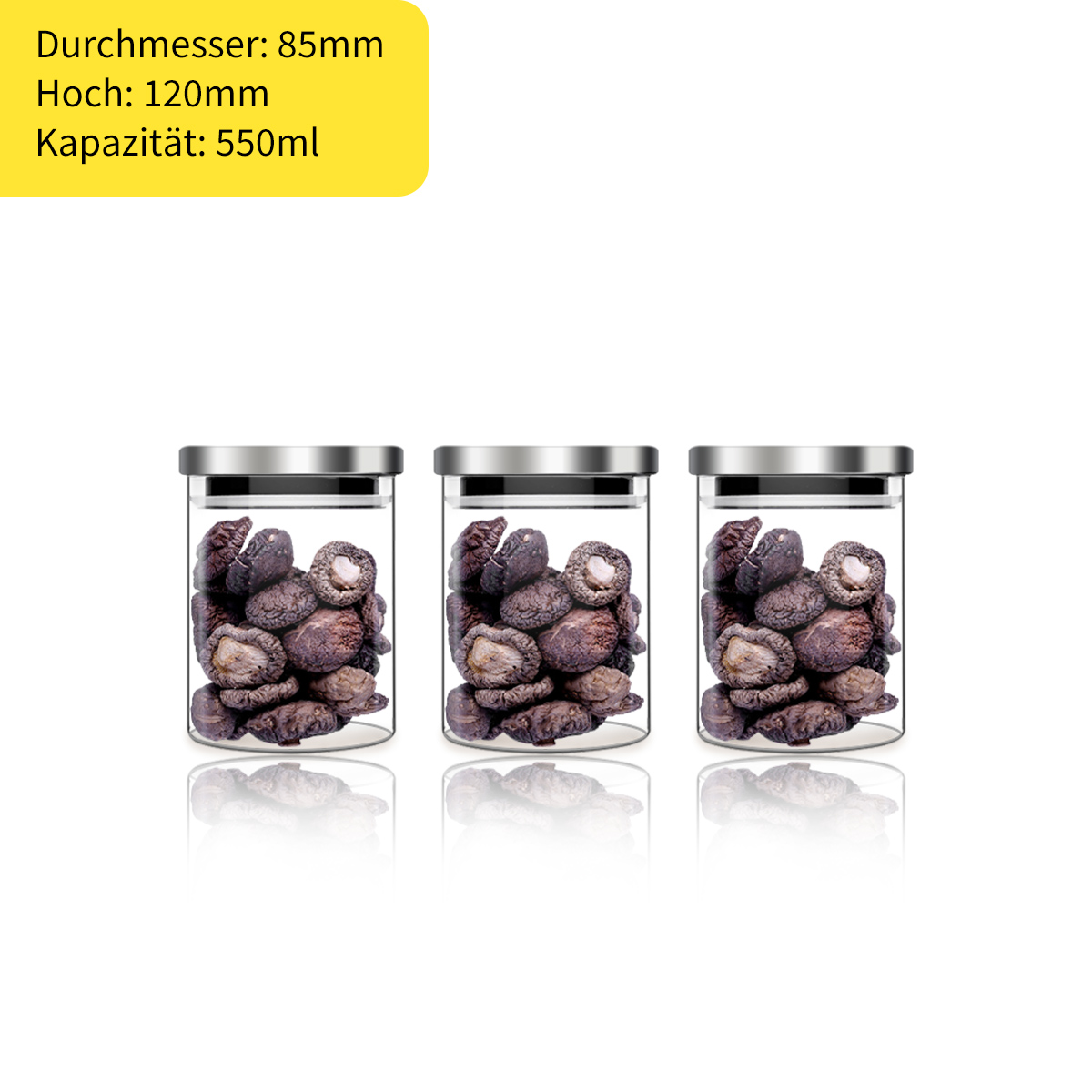 7MAGIC Vorratsglas 3er Set 550ml Ø8,5cm Edelstahldeckel Glasdosen Dosen Aufbewahrungsbehälter 1058