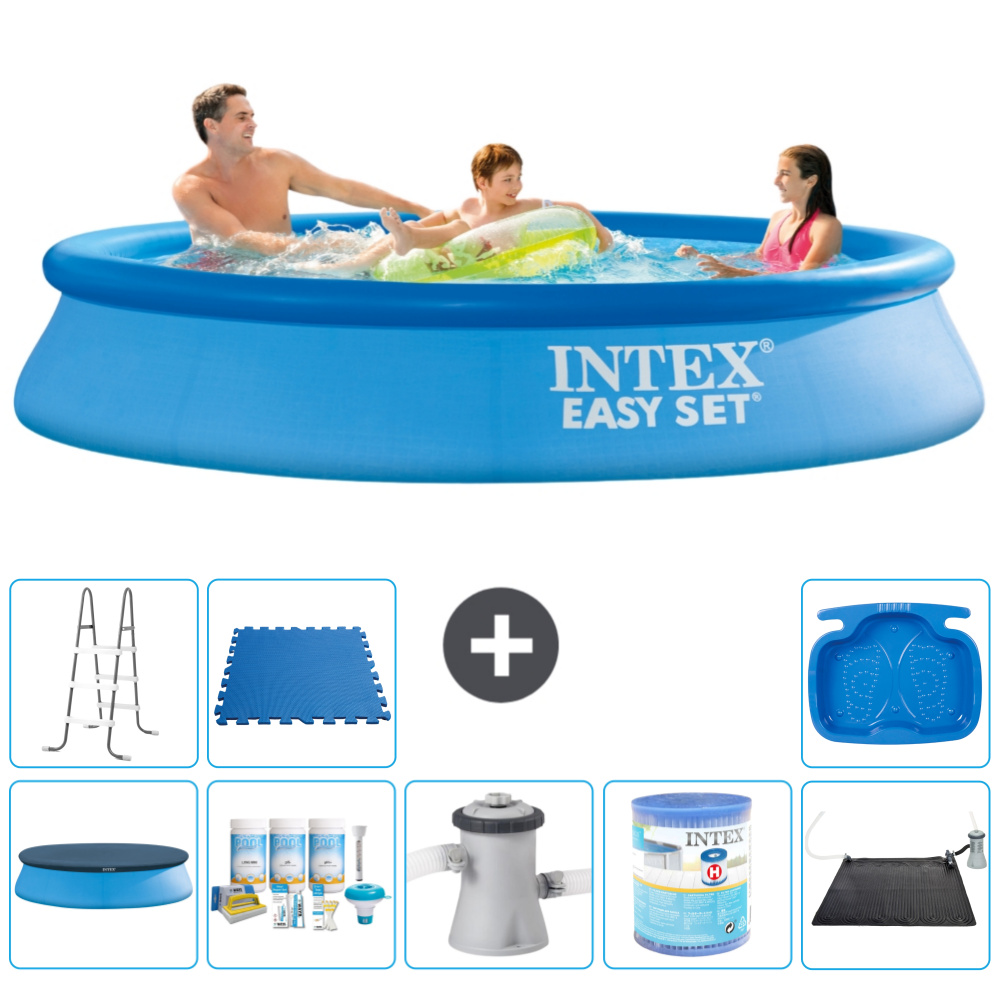 Okrúhly nafukovací bazén Intex Easy Set - 305 x 61 cm - modrý - obsahuje kryt - balík na údržbu - filtračné čerpadlo pre bazén - filter - solárna podložka - rebrík