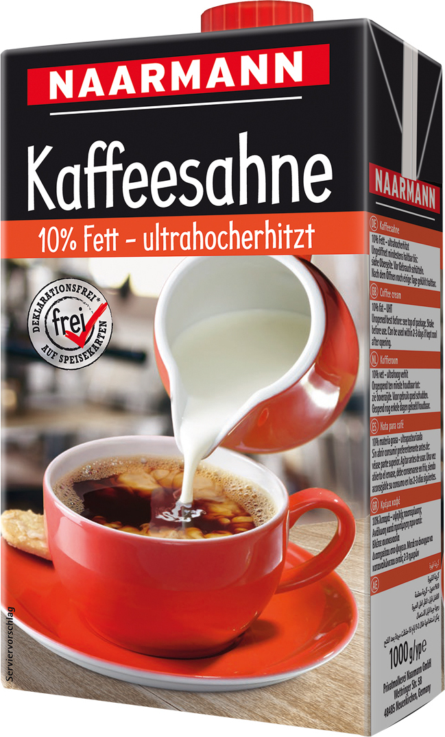 Privatmolkerei Naarmann Naarmann Kaffeesahne 10 Prozent Fett wärmebehandelt sahnig 1000ml 82424