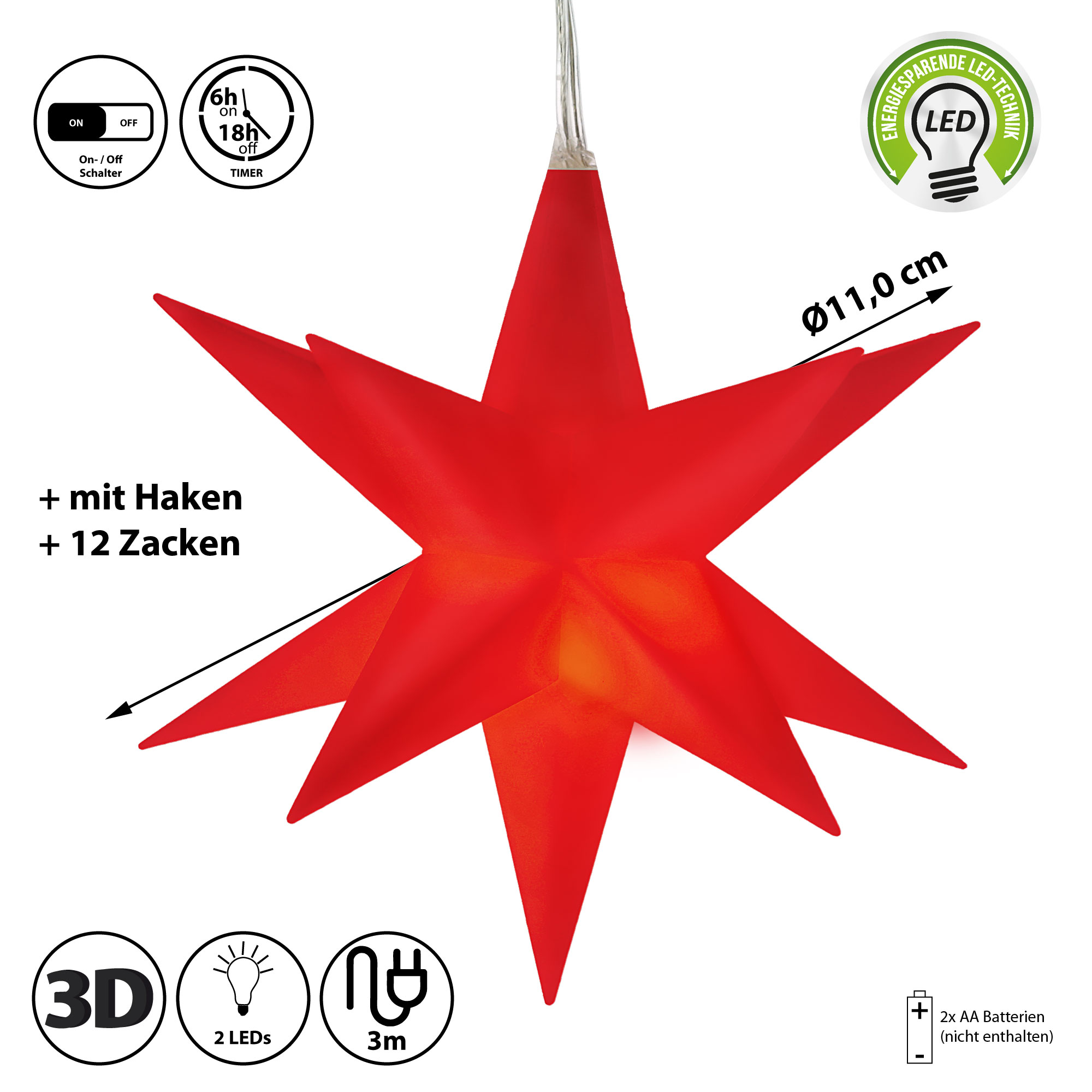 3D LED Stern ca 12 cm mit 1 warmweißen LED rot oder weiß Haken Batterie