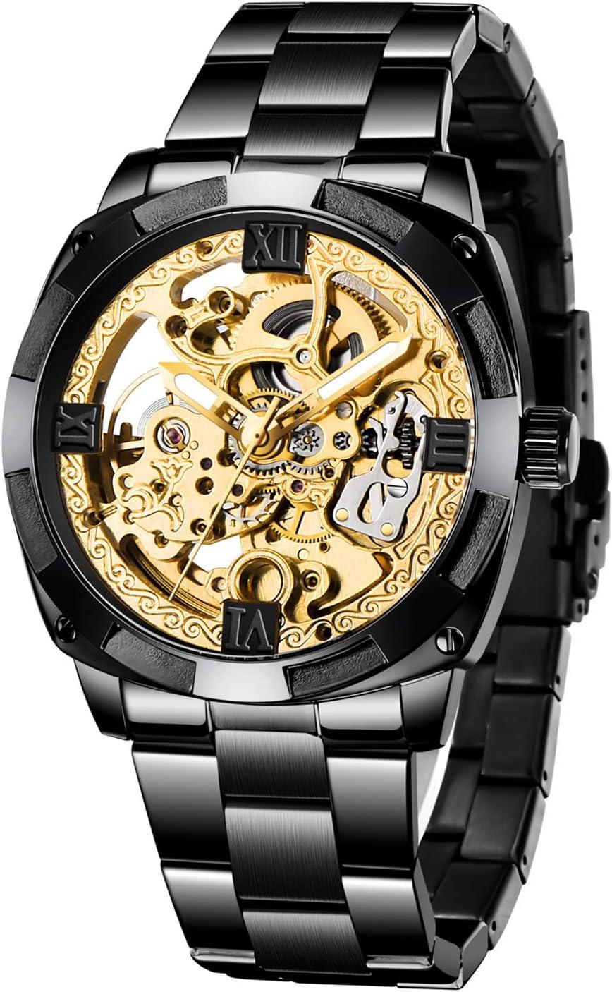 Hodinky Automatické pánske mechanické hodinky Skeleton z nehrdzavejúcej ocele Vodotesné mechanické automatické hodinky s mechanickým pohybom Klasický dizajn puzdra