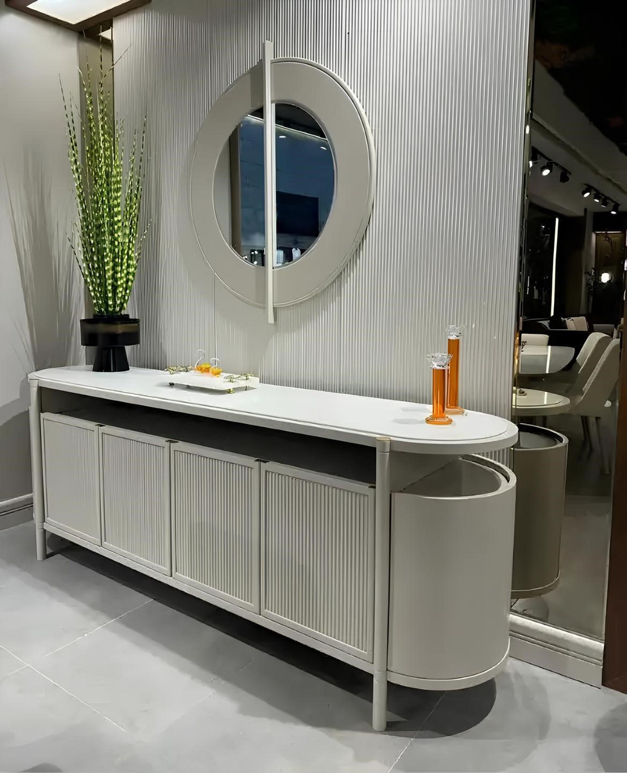 AEA Weißes modernes Esszimmer-Set Holzkonsolen runder Spiegel Esszimmermöbel