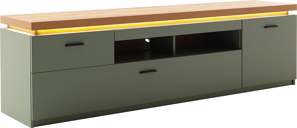 Wohnzimmer-Fernsehschrank mit195 cm Breite in Grün mit Eiche, 1 Tür, 2 Schubladen, 2 Fächer, LED-Akzentbeleuchtung - MOSTAR-05