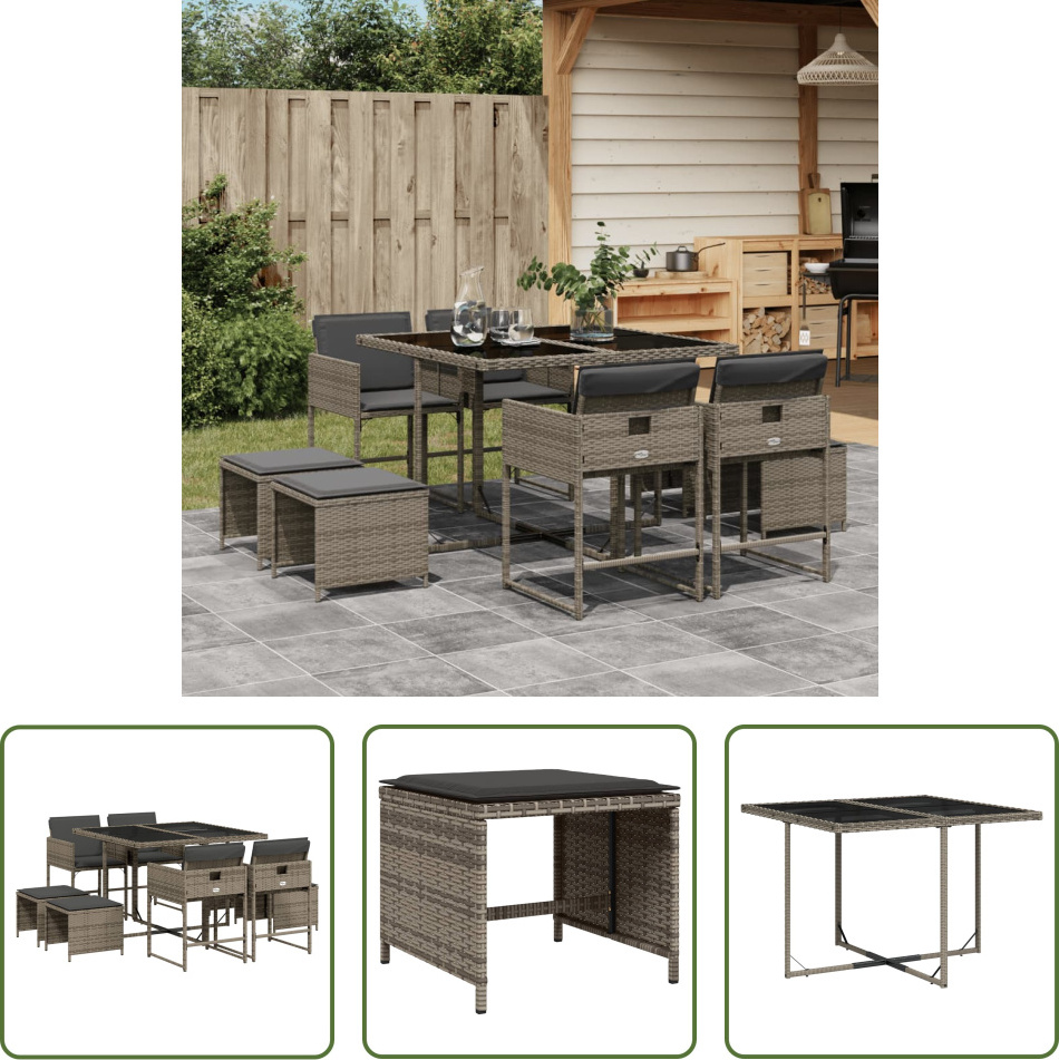 The Living Store 9-dielny záhradný jedálenský set s vankúšmi sivý polyratan