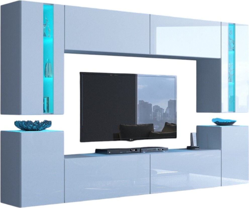Meublorama Hängendes Wohnzimmermöbelset, weiße Kollektion CEPTO XXIV. 256cm, 8 Möbelstücke, LED, modular.