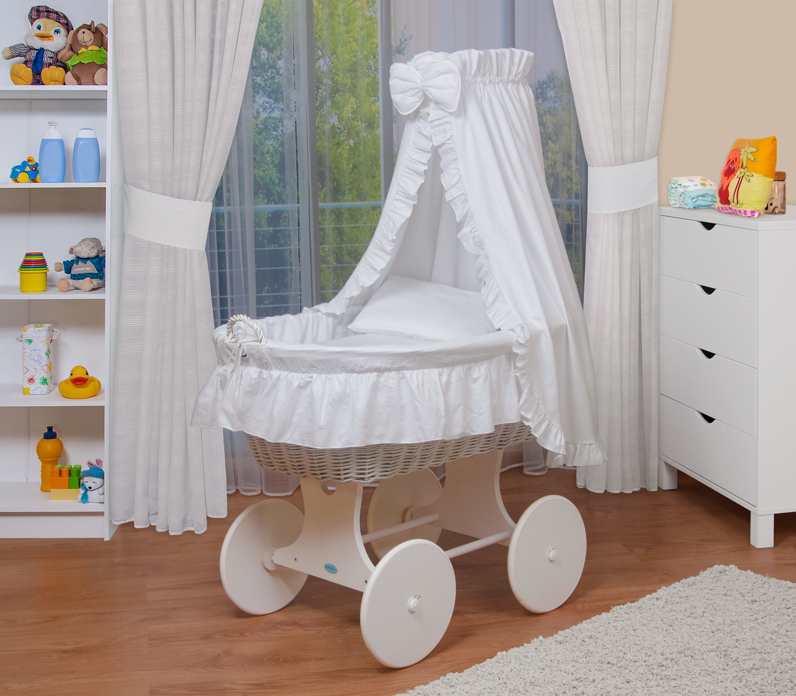 Waldin Baby Stubenwagen-Set mit Ausstattung,XXL,Gestell/Räder weiß lackiert,Weiß 1202-08w