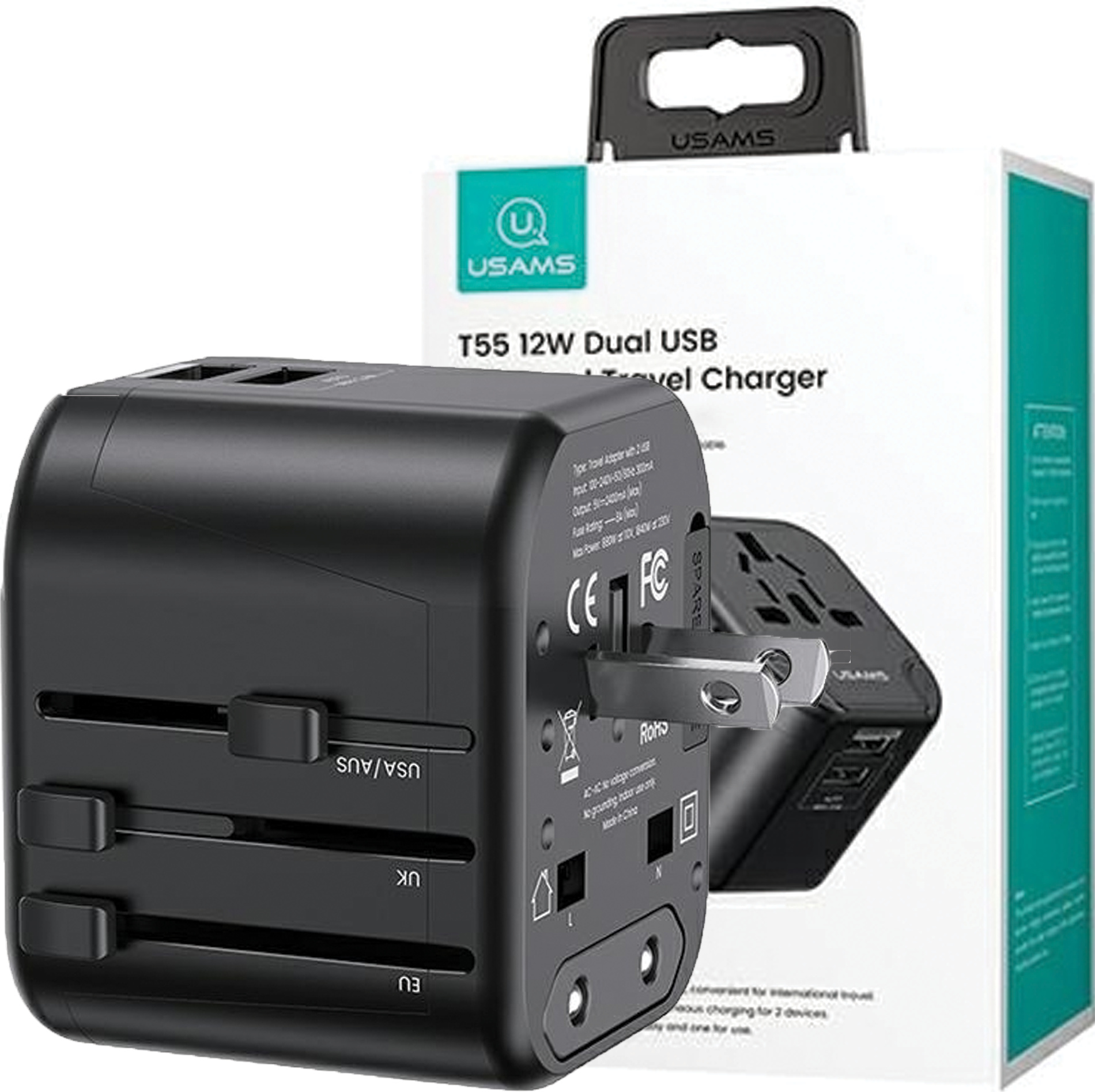 Sieťový Adaptér Usams. 2Xusb T55 12W 4V1 Usa/Au/Eu/Uk Čierna/Čierna Cc173Tc01 (Us-Cc173) Univerzálna Cestovná Nabíjačka