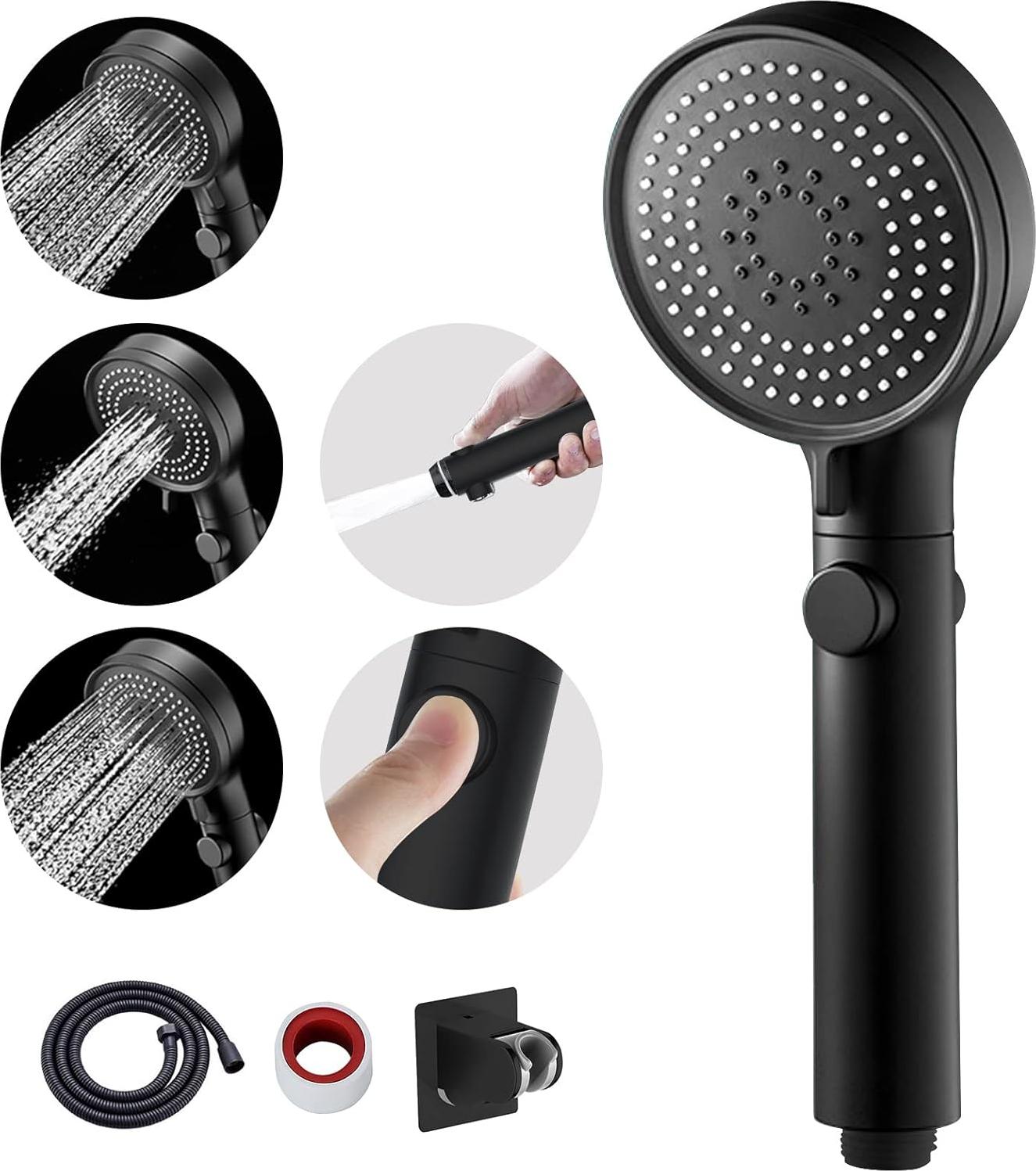Markenlos Duschkopf, druckerhöhend, Duschschlauch mit Duschkopf, Hochdruck-Duschkopf mit Wasserstopp, 3 Strahlarten, Duschkopf mit Schlauch (Duschkopf + Schlauch + Halter, schwarz)