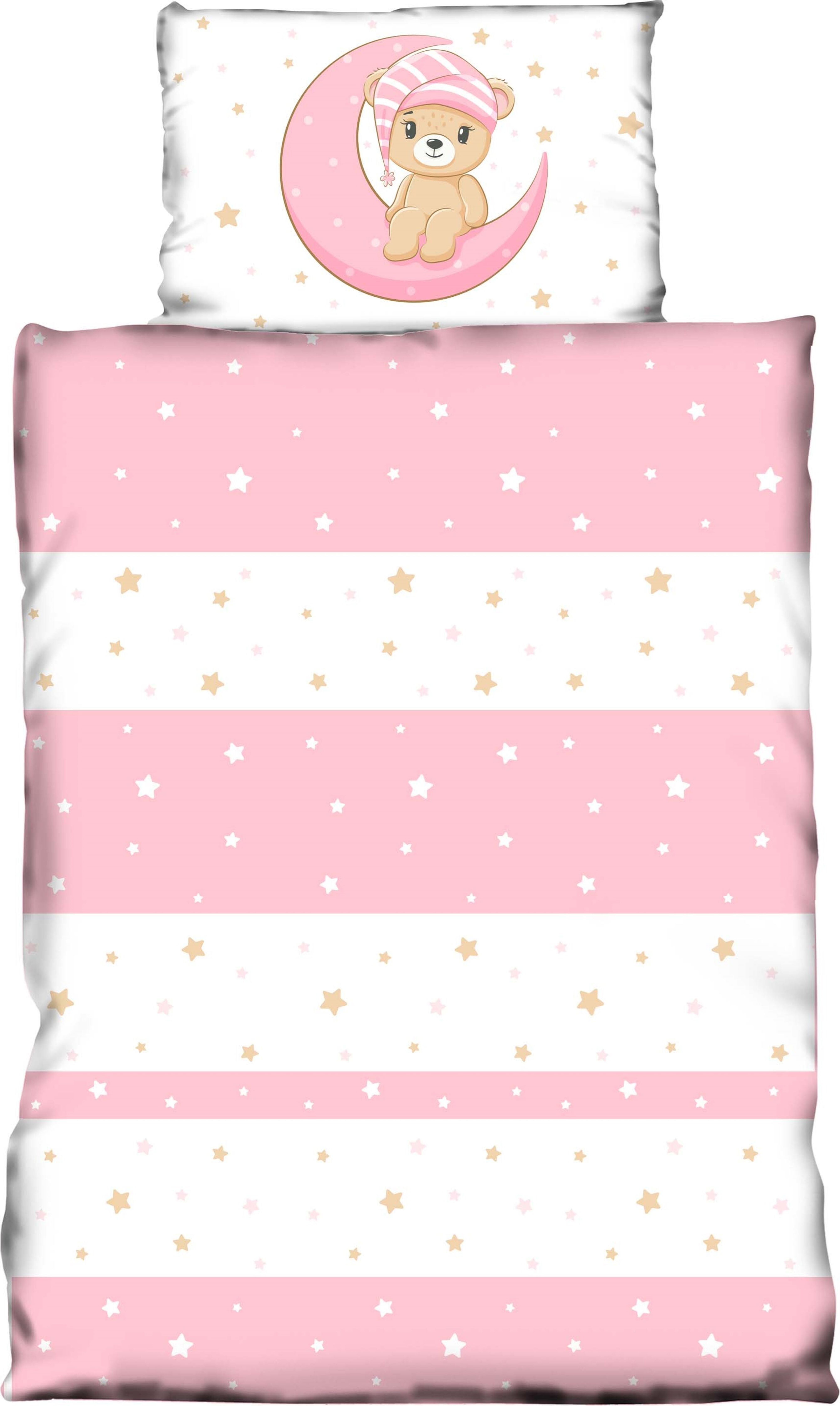 One-Home Baby Bettwäsche 100x135 cm Teddy Bären Sterne Jungen Mädchen Kinderbettwäsche, Farbe:rosa NEW-13924