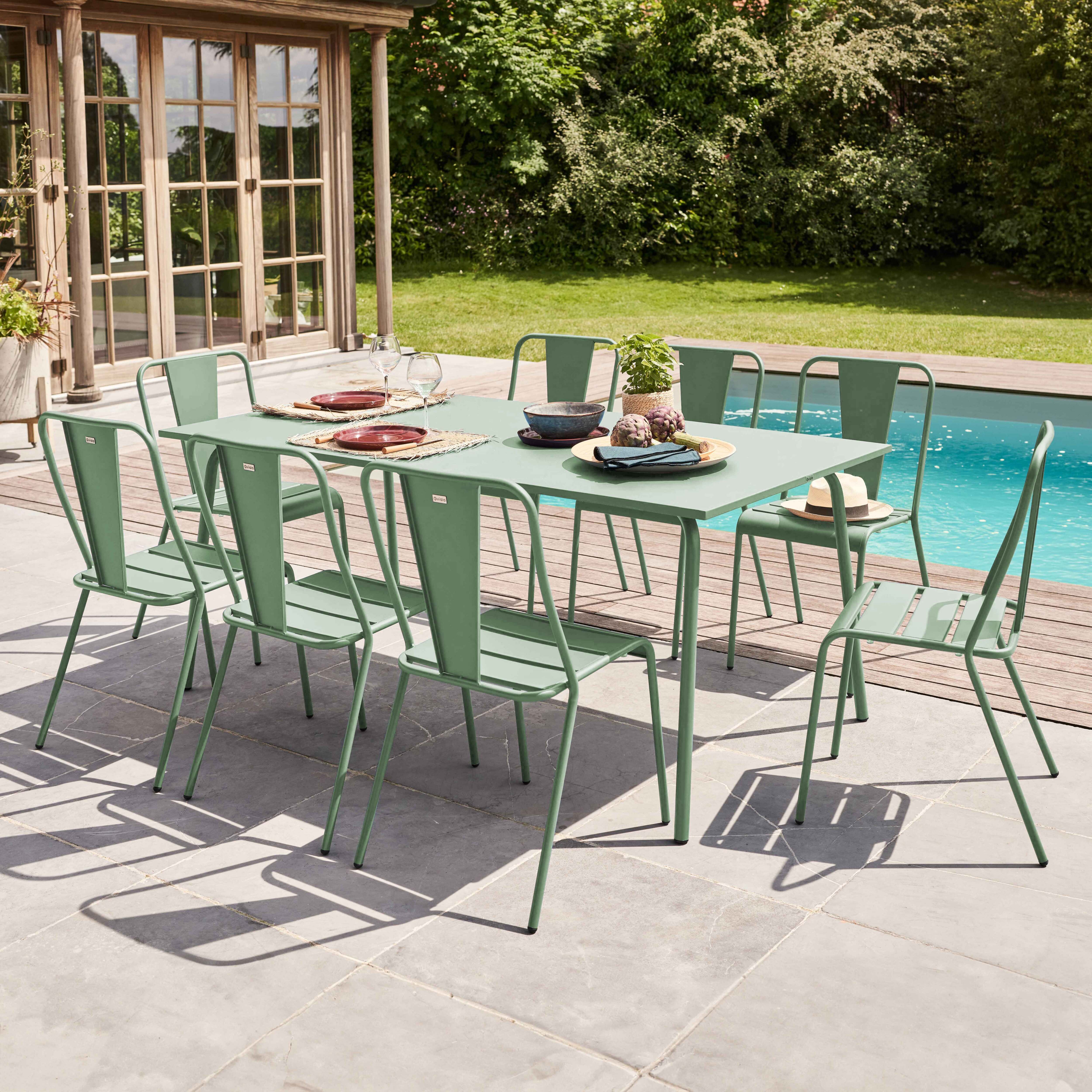 Stuhl Gartentisch und 8 Bistrostühle aus grünem Salbeistahl - Oviala Palavas 109523