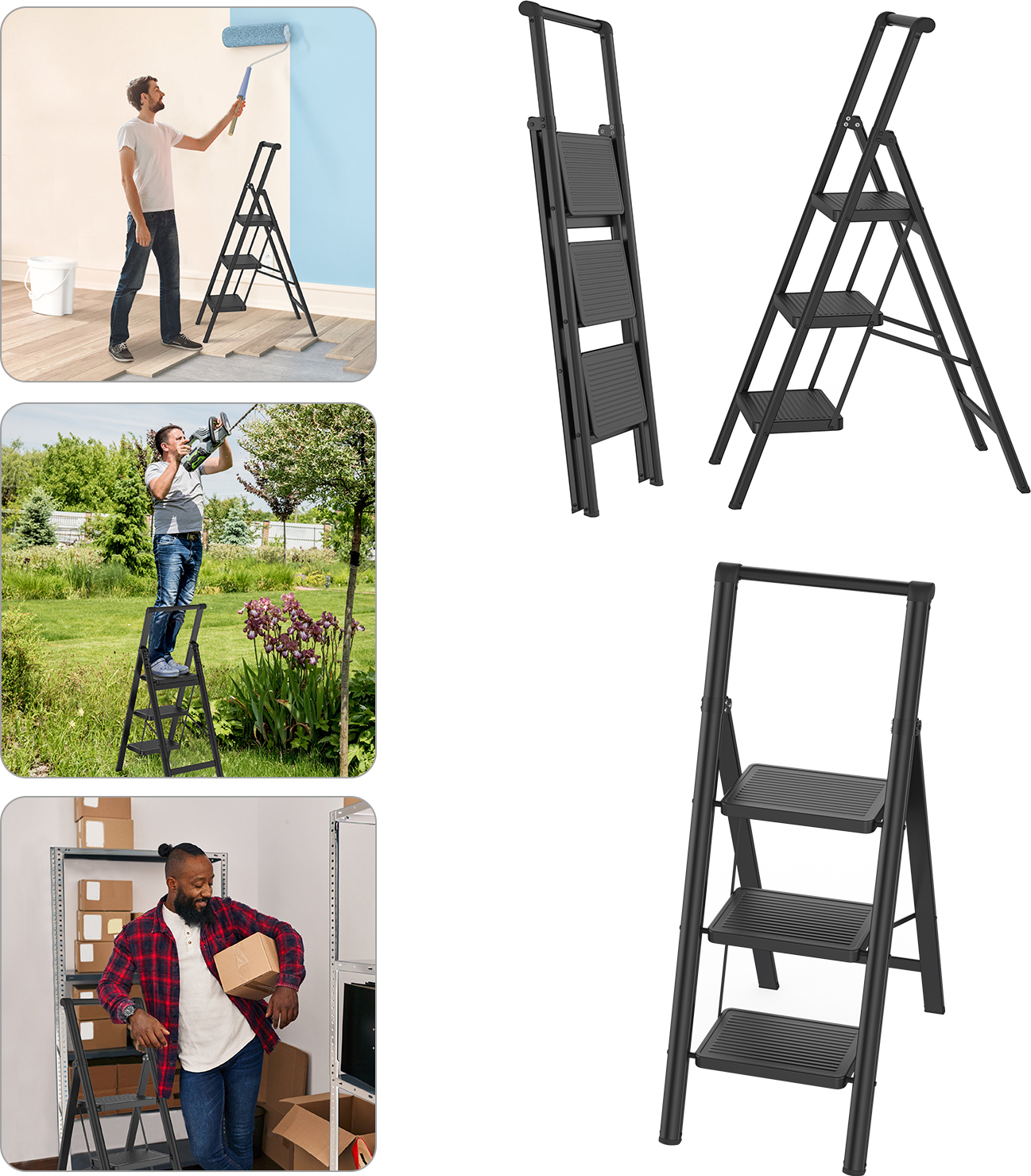 UISEBRT 3 Stufen mit Handlauf MetallLeiter Klappleiter Tritthocker Rutschfeste Stufenleiter Mehrzweckleiter Klapptritt Trittleiter Stehleiter bis 250 kg