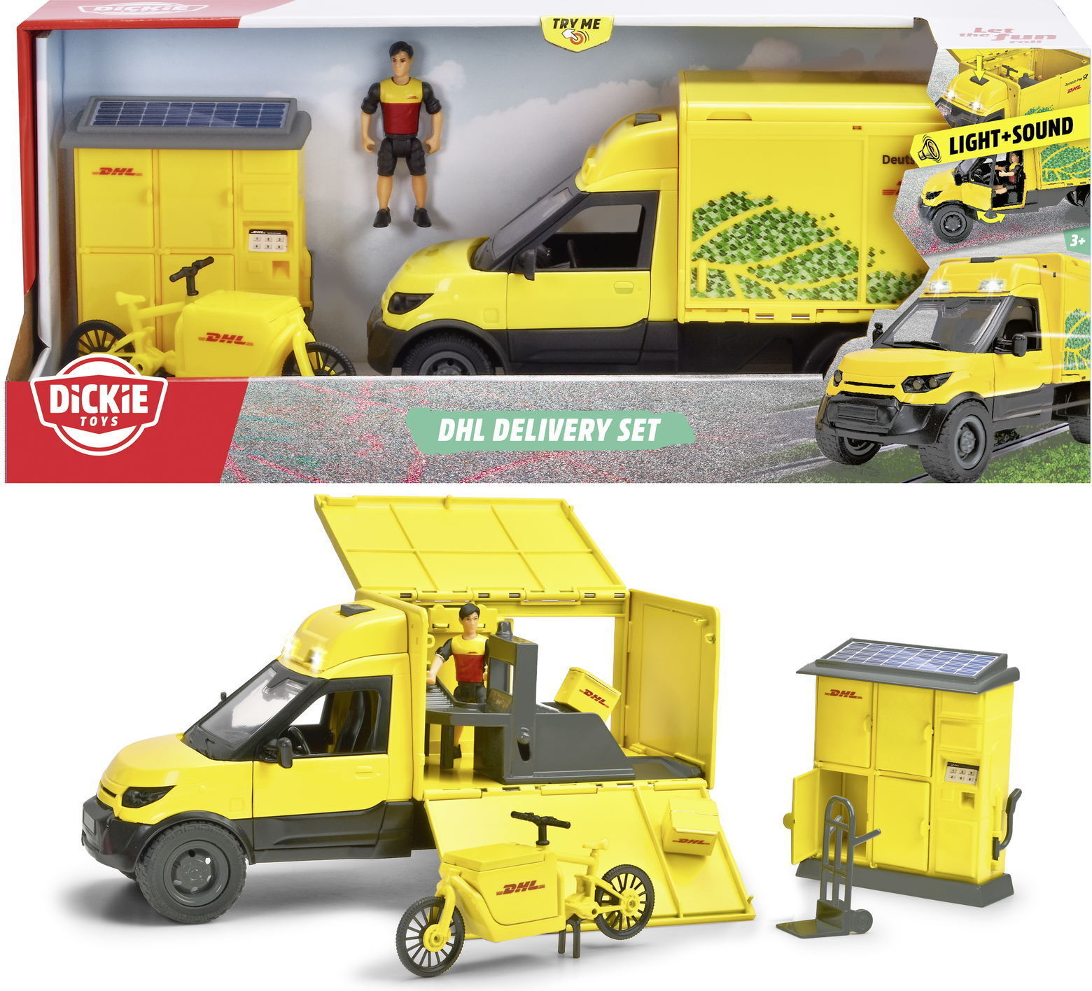 Dickie Toys - DHL Delivery Set (25 cm) - Paketzusteller-Spielset fr Kinder ab 3 Jahre, DHL Postauto mit Postbote, Paketstation & Lastenfahrrad, Auto mit Licht & Sound, inkl. Batterien 203747020
