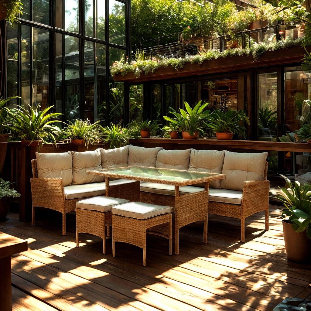 Ratanový set: Rohový gauč, 2 taburety a stôl - hnedý so sivými vankúšmi