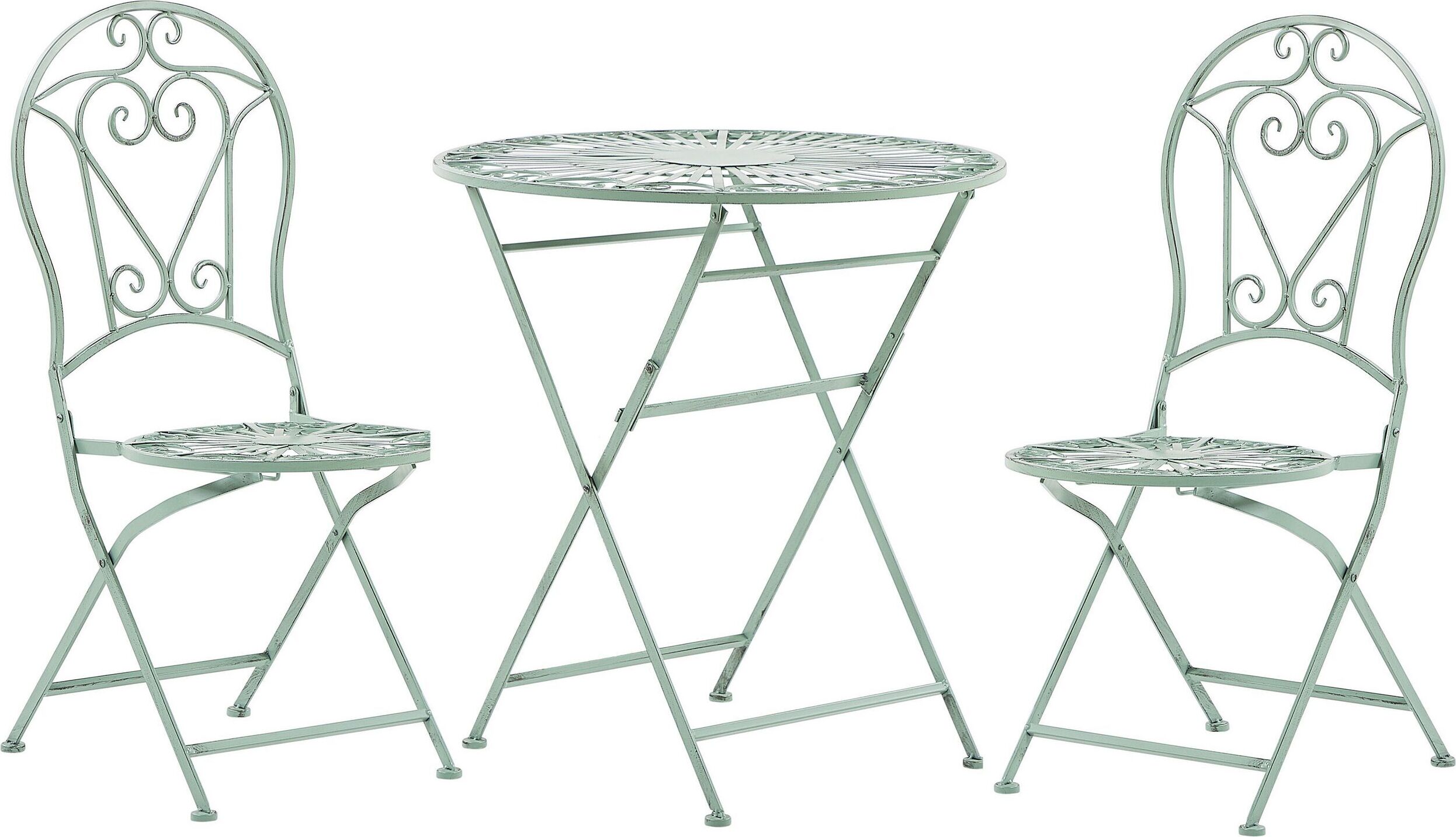 BELIANI Balkónová bistro sada zelená kovová okrúhly stolík 70 cm skladacie stoličky vintage balkón terasa
