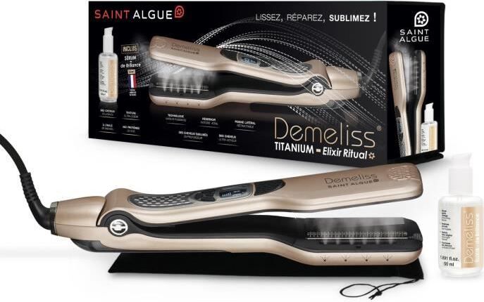 SAINT ALGUE 3992 - Demeliss Titanium Box: Dampfglätter + Elixier Ritual Glanzbehandlung 50ml - 150°C bis 230°C - Autostop SAI3700206739922