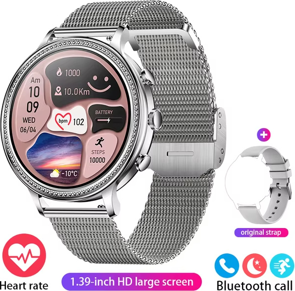 Smartwatch dámske Bluetooth volanie 1,39-palcový displej srdcový tep, krvný tlak, monitorovanie spánku, športové hodinky, dámsky darček, strieborná