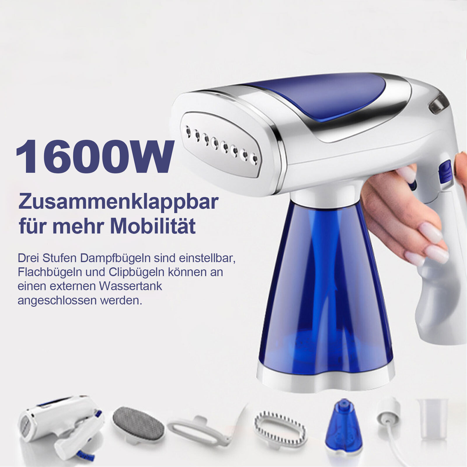 MODFU Bügeleisen,Drei Dampfstufen Dampfbügelstation, 1600 W Bügelstation, 250 ml Wassertank, geeignet für Reisen und Zuhause,Blau