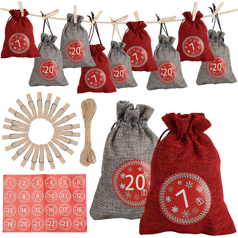 Jopassy 24 adventných kalendárov na plnenie, látkové vrecká darčekové vrecúška Vianoce pre vianočné kalendáre, adventné kalendáre s 1-24 adventnými číslami darčekové visačky, červená/sivá