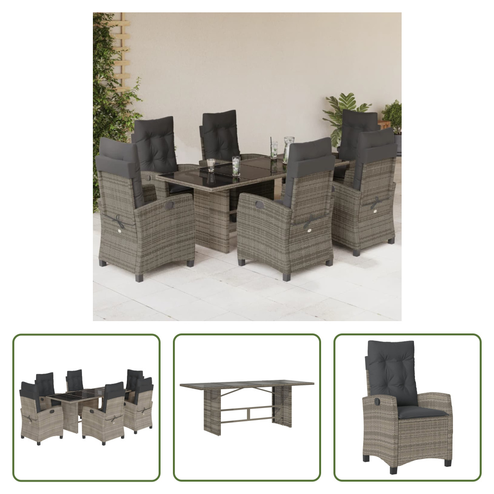 The Living Store 7-dielny záhradný jedálenský set s vankúšmi sivý polyratan