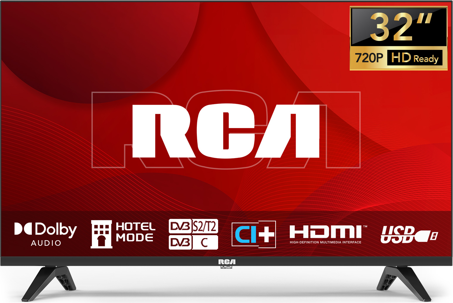 RCA TV 32" LED HD TV | 32 palcov/81 cm | Bezrámčekový | Trojitý tuner (DVB-T/T2-C-S/S2) | HDMI | CI+ | USB Media Player | Hotelový režim | Dolby Audio | Montované v Eindhovene | RCA NRB32HQ1