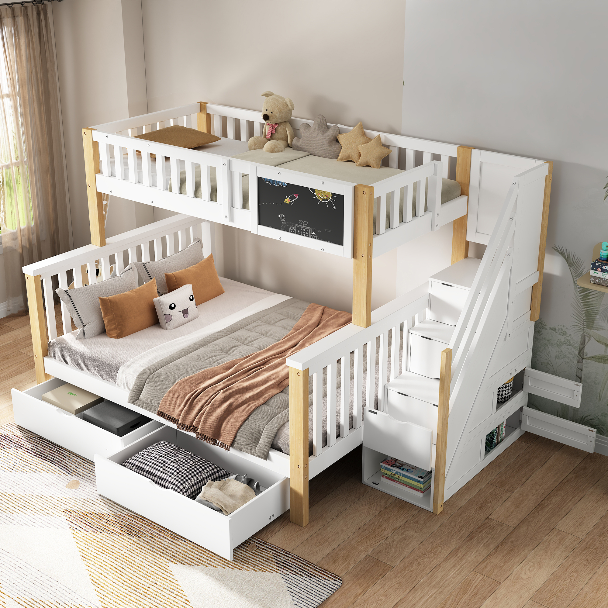 HYUB Etagenbett Mit Rutsche 140x200cm - Kinderbett Aus Kiefernholz Mit Stauraumtreppe