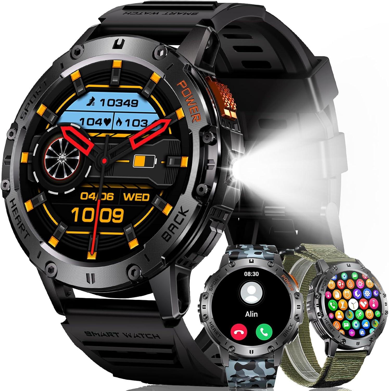 MEGALITH Herren Smartwatch mit LED Taschenlampe AMOLED Fitnessuhr mit 110 Sportmodi Schrittzähler Benachrichtigungen & IP68 wasserdicht