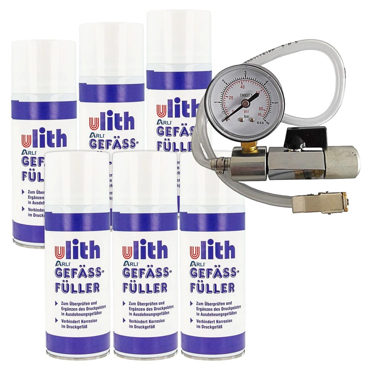 ulith 6x ARLI Gefäßfüller 400 ml brennbar FCKW frei für Membran Ausdehnungsgefäße inkl. 1x Anschlussadapter mit Absperrvorrichtung und Manometer