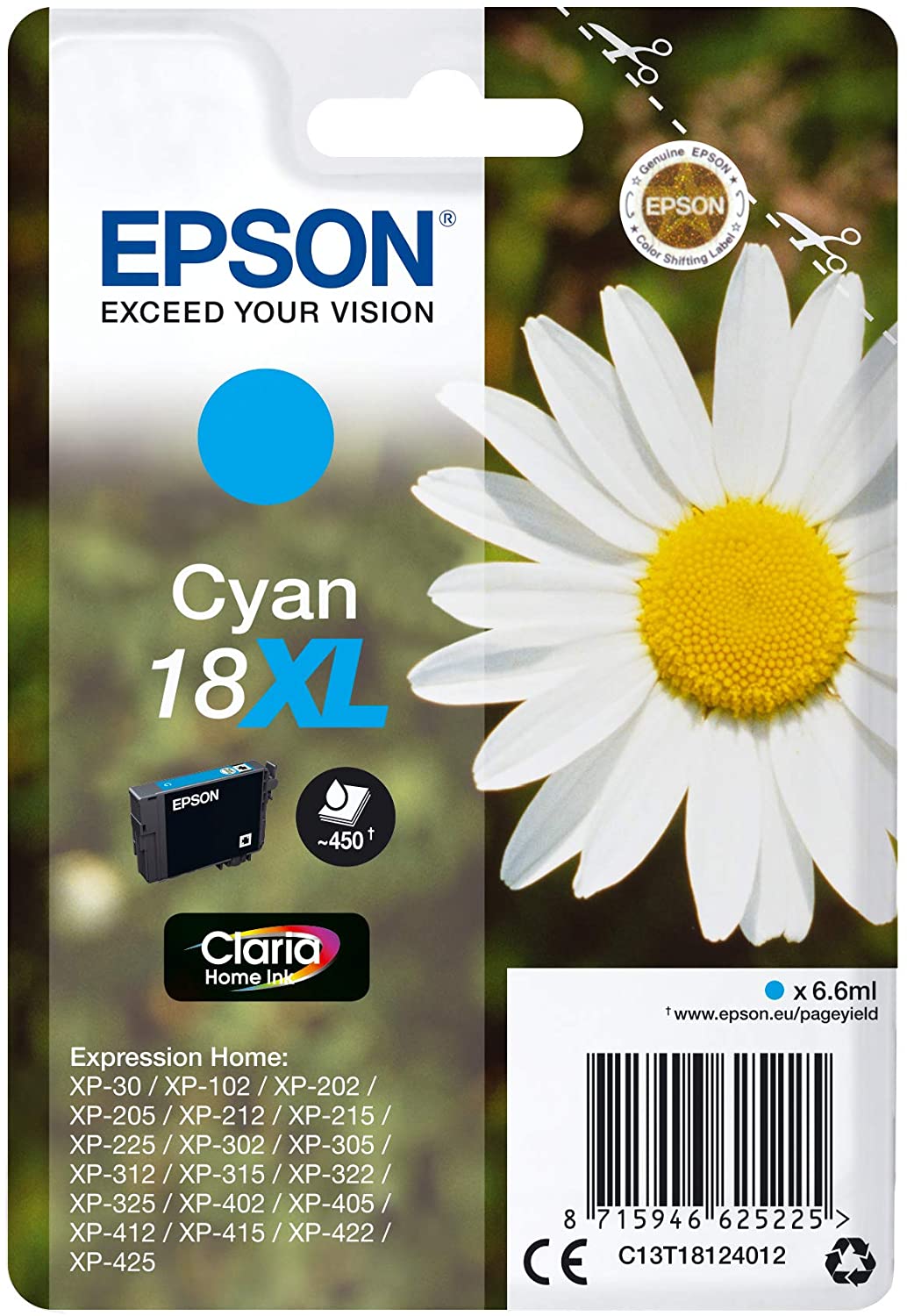Epson 18XL - XL - azúrová - originálna - atramentová kazeta - pre Expression Home XP-212, 215, 225, 312, 315, 322, 325, 412, 415, 422, 425 (C13T18124010)