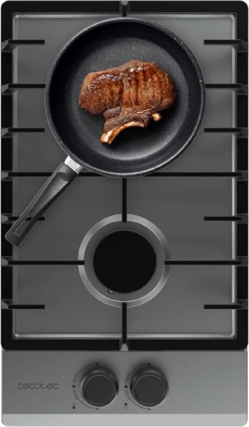 Plynová varná doska, 2 horáky, dizajn z nehrdzavejúcej ocele, liatinový plný rošt, výkon 5,25 kW, horák wok s trojitou korunkou, elektrické zapaľovanie, systém bezpečnostných ventilov.