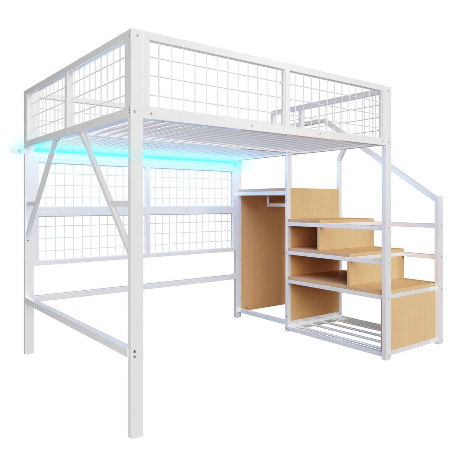 XTEILC Eisenbett,Etagenbett,Hochbett 140*200cm,Kinderbett,Metall-Hochbett mit APP-gesteuerten LED-Lichtleisten Treppe mit Stauraum,offenem Kleiderschrank XTEILC01546