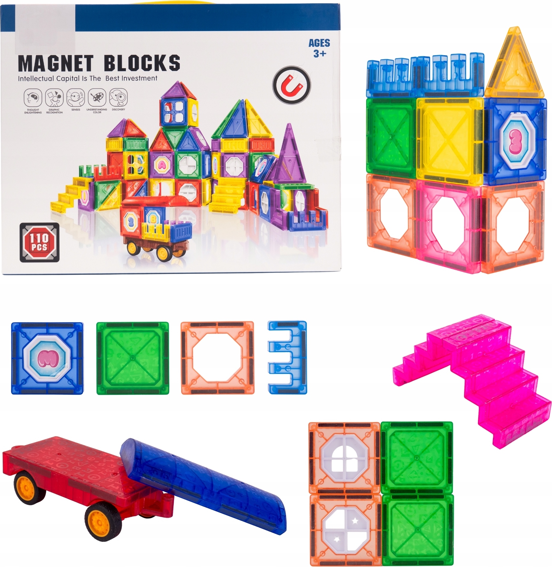 zabawki-Ewy 3D Magnetbausteine Set | Schloss- und Fahrzeugbau | 110-teiliges pädagogisches Spielzeug für Kinder