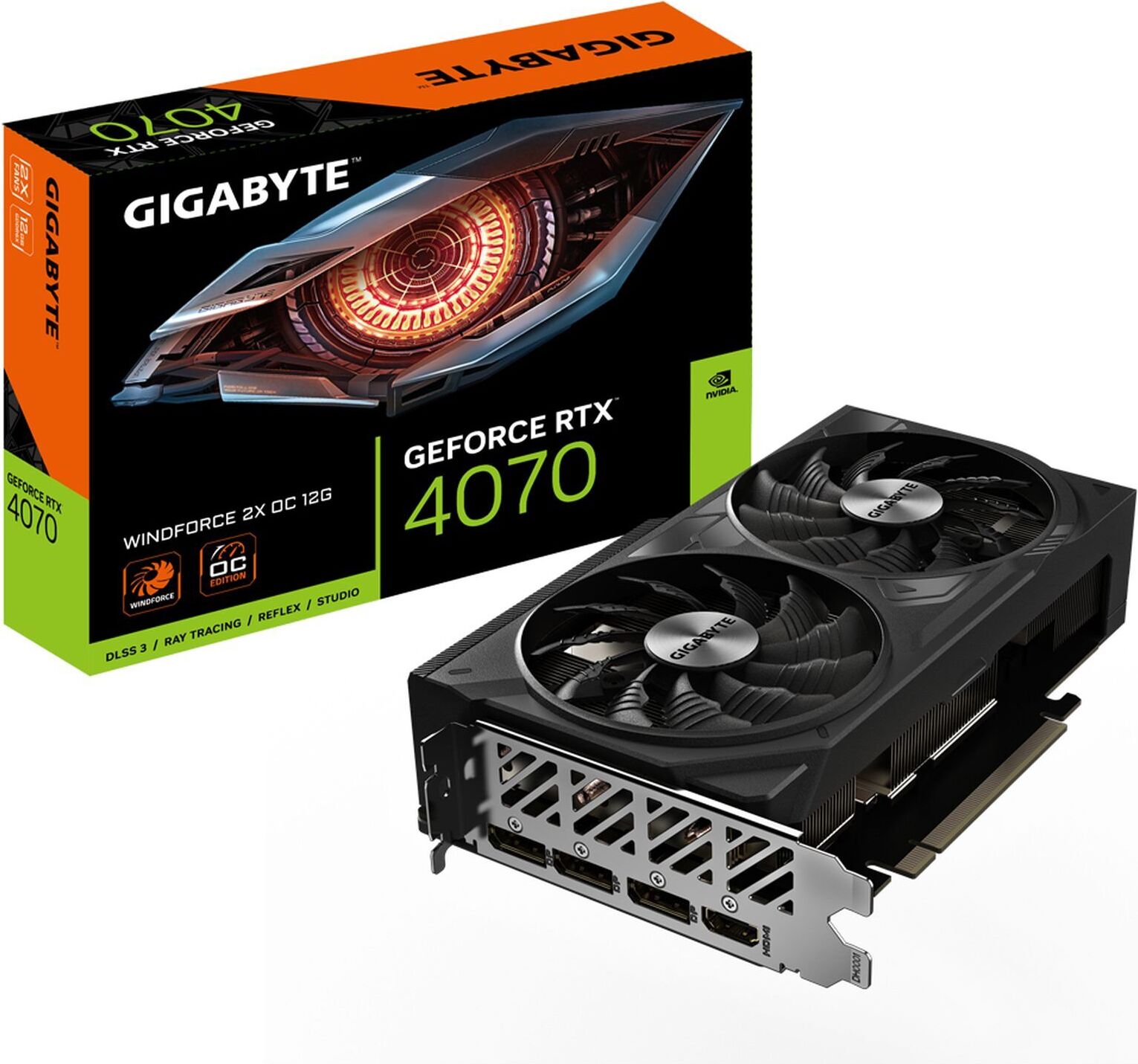 Grafická karta Gigabyte GeForce RTX 4070 WINDFORCE 2X OC 12G – 12 GB GDDR6X, 192 bit, PCI-E 4.0, 2490 MHz takt jadra, 3 x DisplayPort 1.4a, 1 x HDMI 2.1a, NVIDIA DL2WNOC 3, GGD207