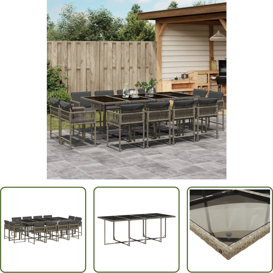 The Living Store 13-dielny záhradný jedálenský set s vankúšmi sivý polyratan
