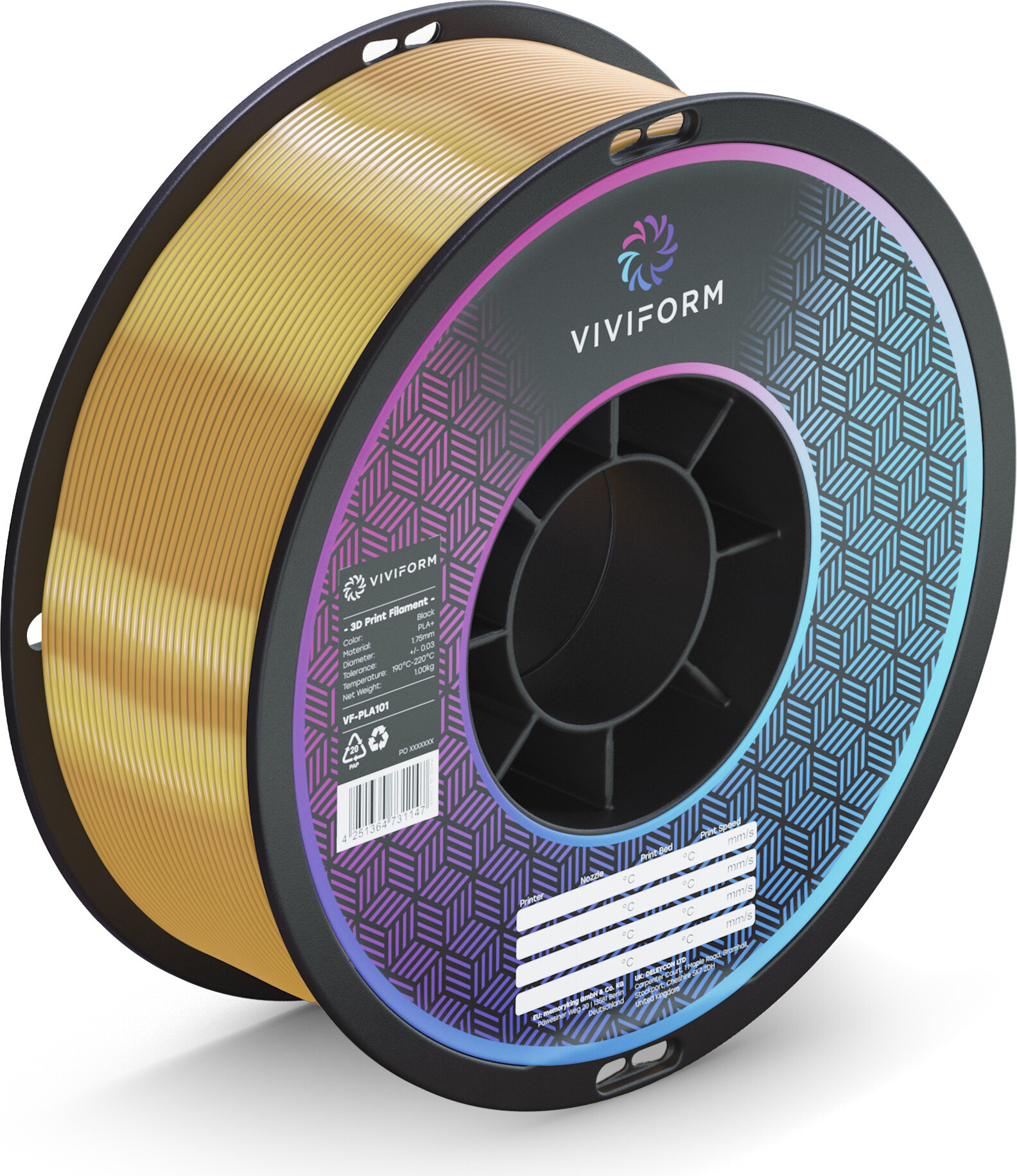 viviform.com Viviform silk PLA Filament für 3D Drucker, 1kg Rolle, Durchmesser 1,75mm +/- 0,03mm, Gold metallic VF-PLA501