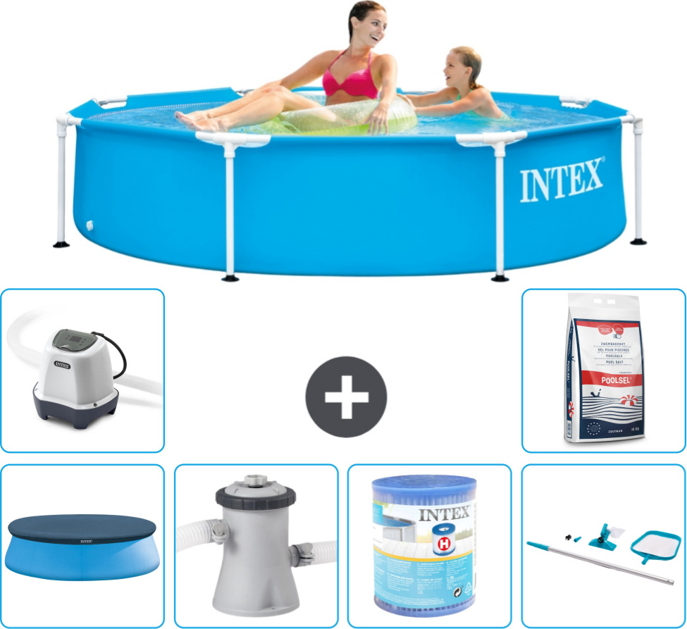 Bazén Intex s okrúhlym rámom - 244 x 51 cm - modrý - vrátane krytu - filtračné čerpadlo pre bazén - filter - čistiaca súprava - systém slanej vody - bazénová soľ