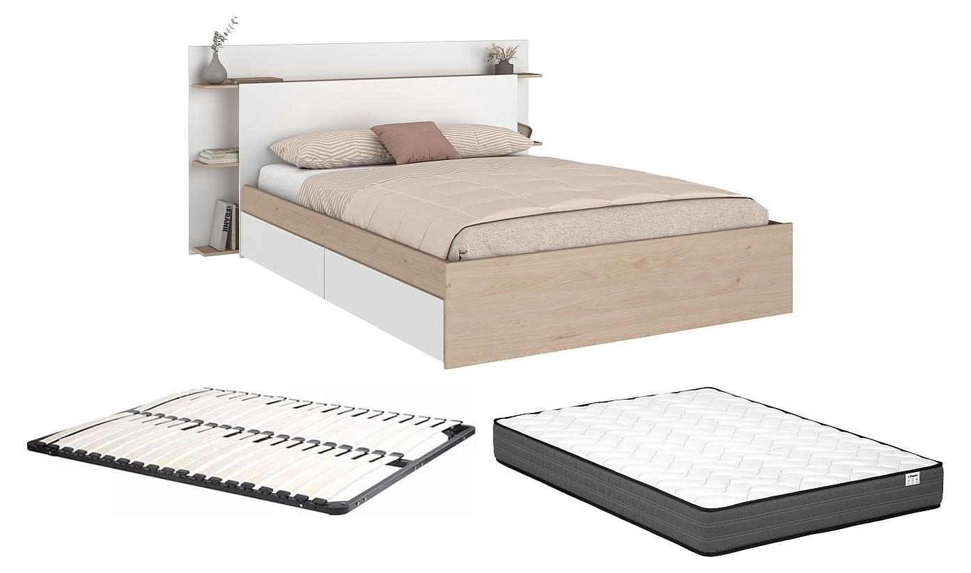 Vente-unique Bett 140 x 190/200 cm mit 4 Schubladen - Natur und weiß + Rahmen + Matratze - TILONIDE