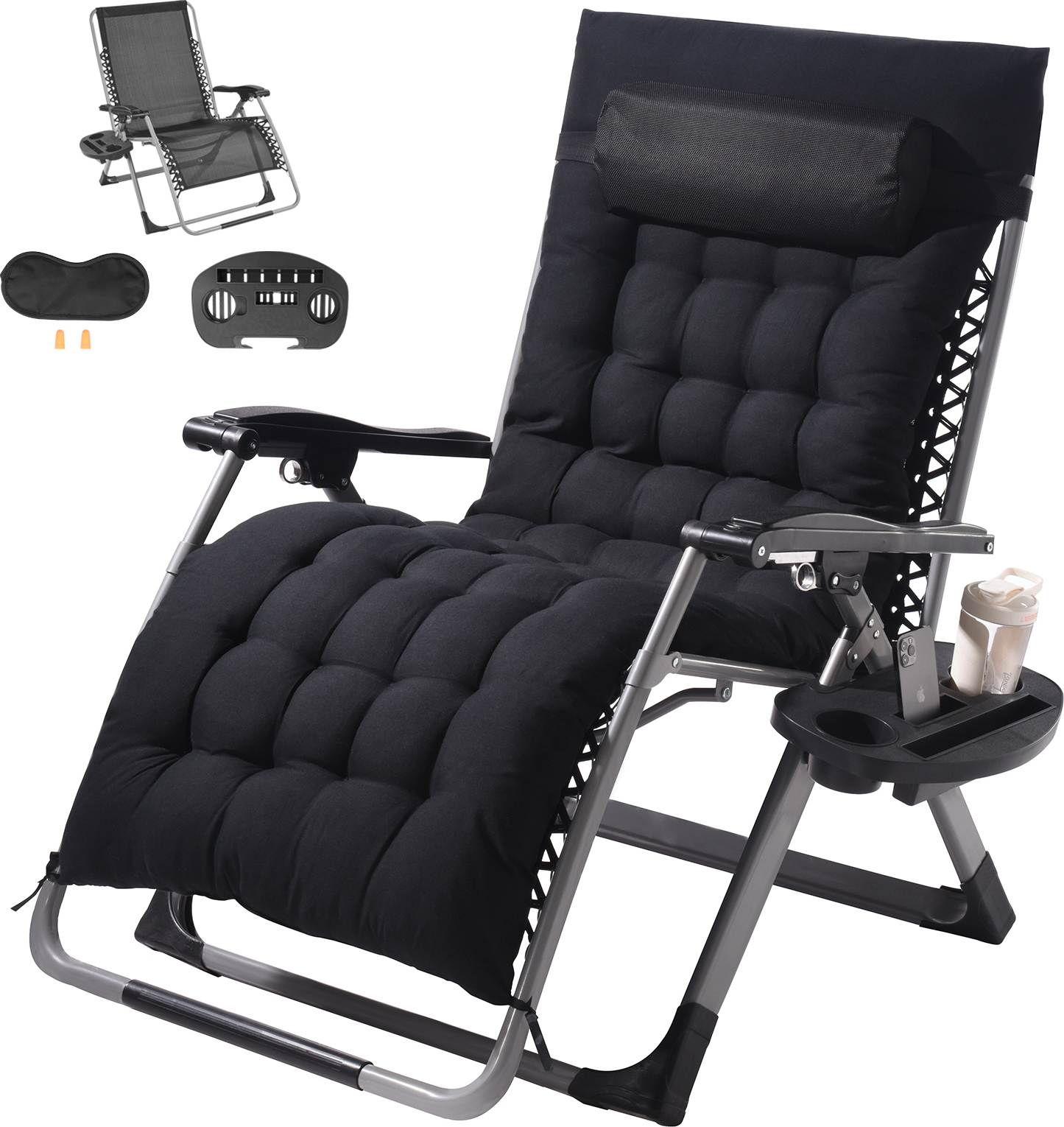 VEVOR Schwerelosigkeitsstuhl, 84 cm Schwerelosigkeits-Liegestuhl für drinnen und draußen, verstellbarer Anti-Schwerkraftstuhl mit Kissen, Kopfstütze, Fußstütze und Getränkehalter, 227 kg, schwarz HQB-FAN003