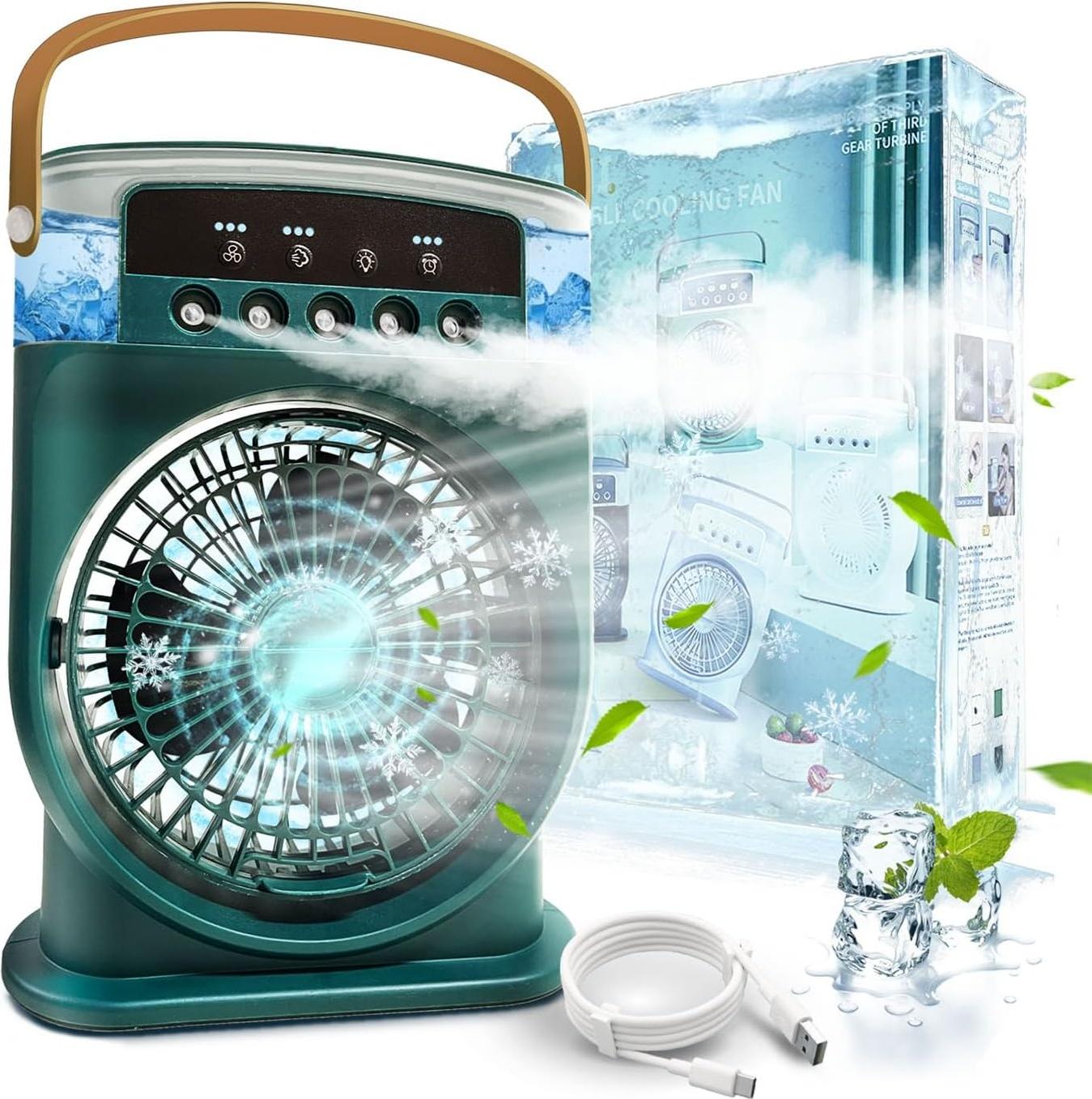 All Curmp 4-in-1 leise tragbare Klimaanlage, Wassernebelventilator, mobile Klimaanlage ohne Abluft, Mini-Klimaanlage, wiederaufladbarer Klimaanlagen-Luftbefeuchter Typ-C mit Timer (Gr¹n) [+++]