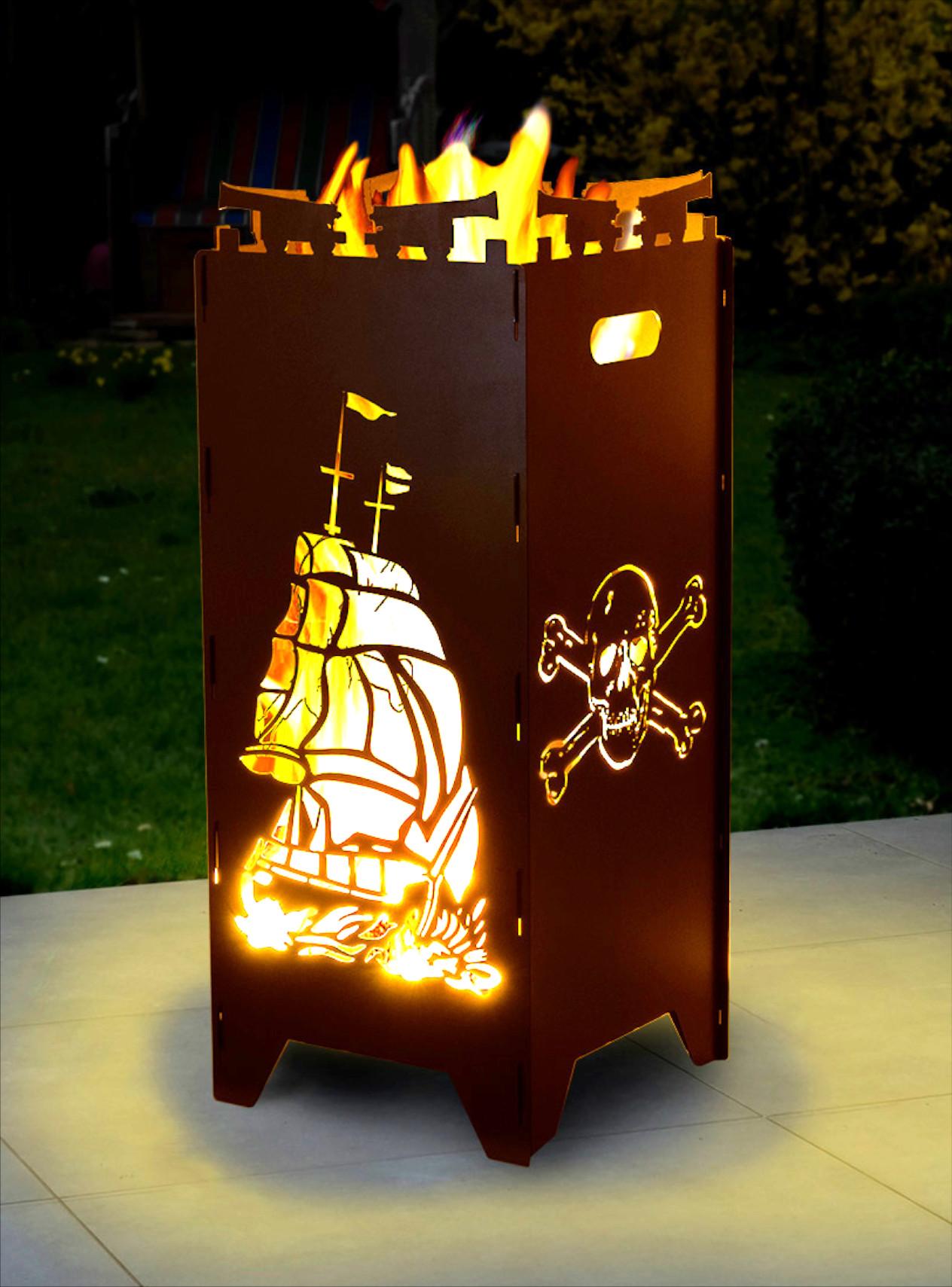 Moritz Feuerschale Feuerkorb 2mm Stahl 35x35x85 cm Steckbar für Garten Camping Outdoor Feuerstelle Feuertonne Totenkopf Schiff Anker Maritim