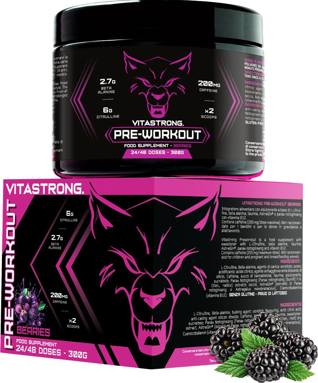 Pre Workout Booster mit Koffein 300g, Vegan Preworkout mit Vitamin B12, Citrullin, Beta-Alanin, Koffein Pulver, Taurin Pulver, AstraGin, Vitastrong Pre Workout (24 Portionen (1er-Packung), Berries)