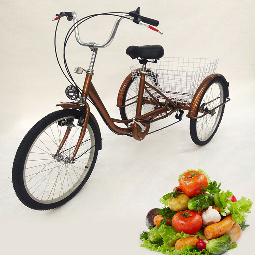 Zähne Aluminiumlegierung Kohlenstoffstahl Rahmen Dreirad für Erwachsene 24 Zoll 6 Geschwindigkeit 3 Rad Senioren Fahrrad Cityräder Tricycle mit Korb und Licht