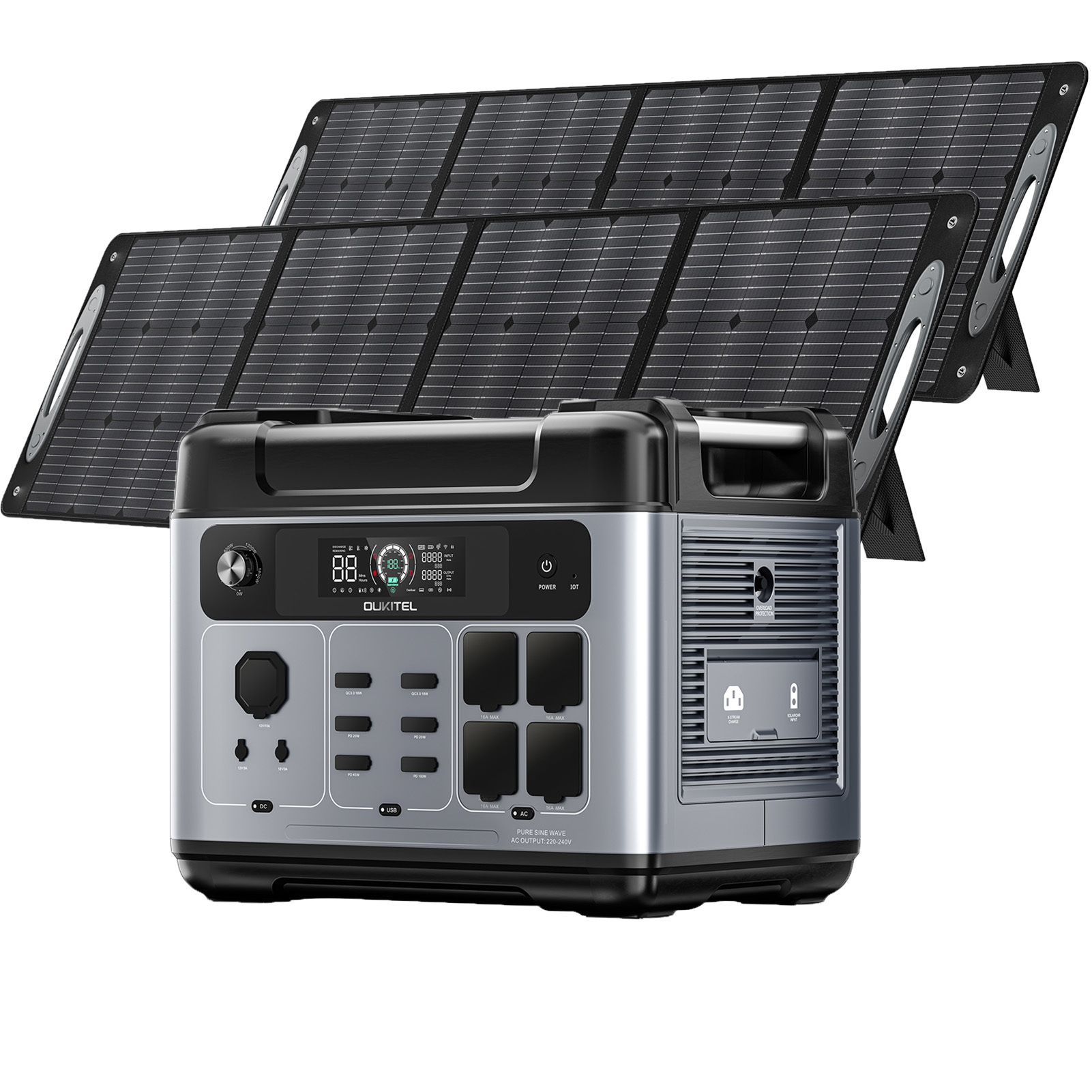OUKITEL P2001 Plus Powerstation 2400W 2048Wh LiFePO4 batériový solárny generátor, WiFi+BT ovládanie generátora energie núdzový generátor + 2* PV200 200W solárny panel
