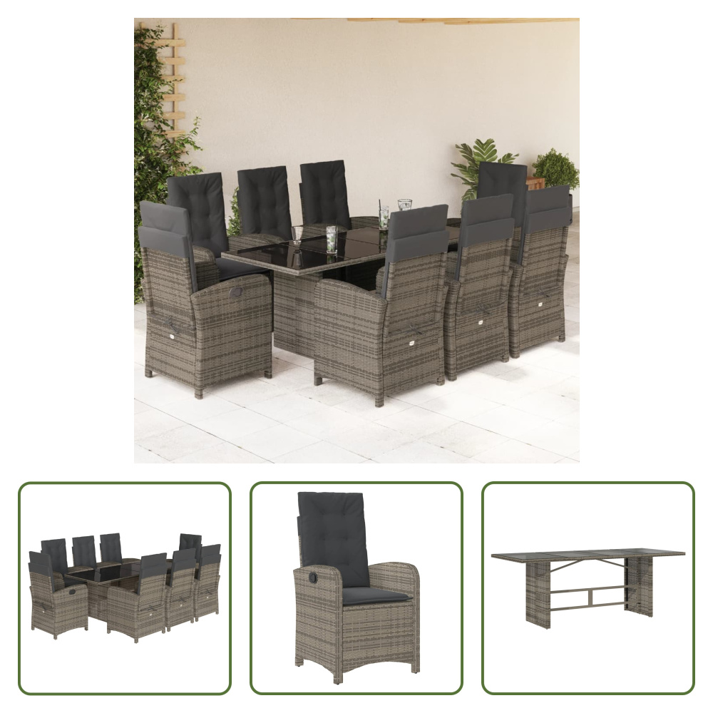 The Living Store 9-dielny záhradný jedálenský set s vankúšmi sivý polyratan