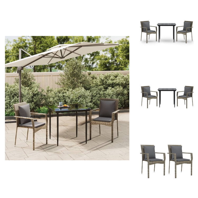 vidaXL 3-dielny záhradný jedálenský set s vankúšmi čierny a sivý polyratan - Záhradné nábytkové sety