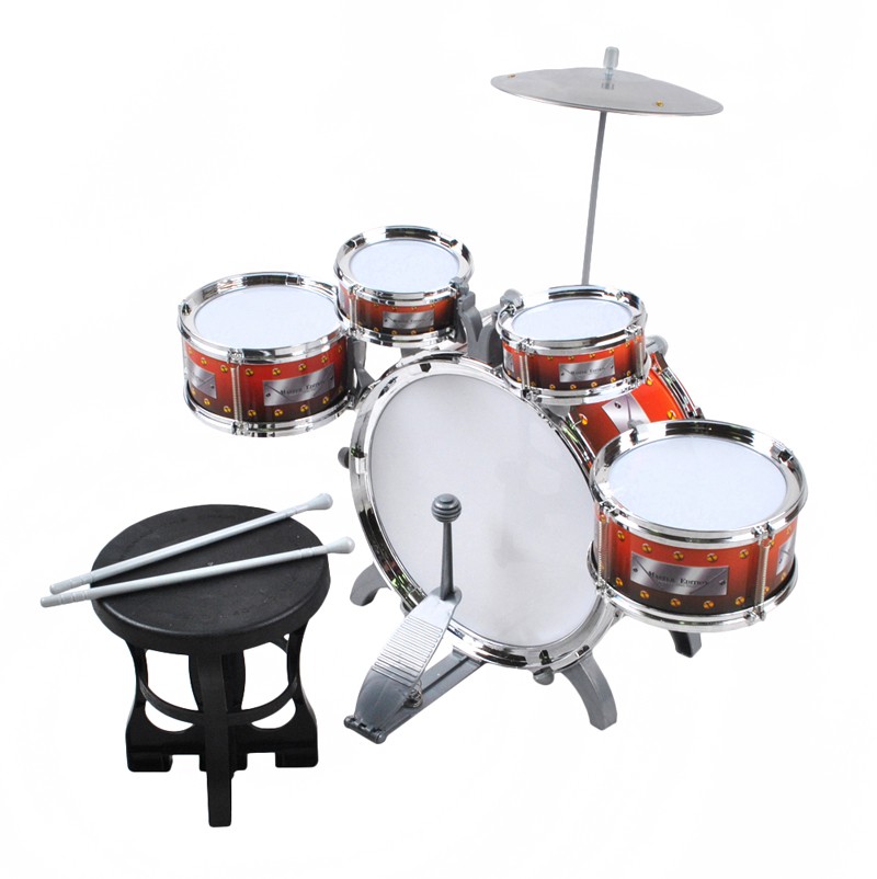 5 Trommeln Becken Schlagzeug mit Hocker Drumset für Kinder Rot 