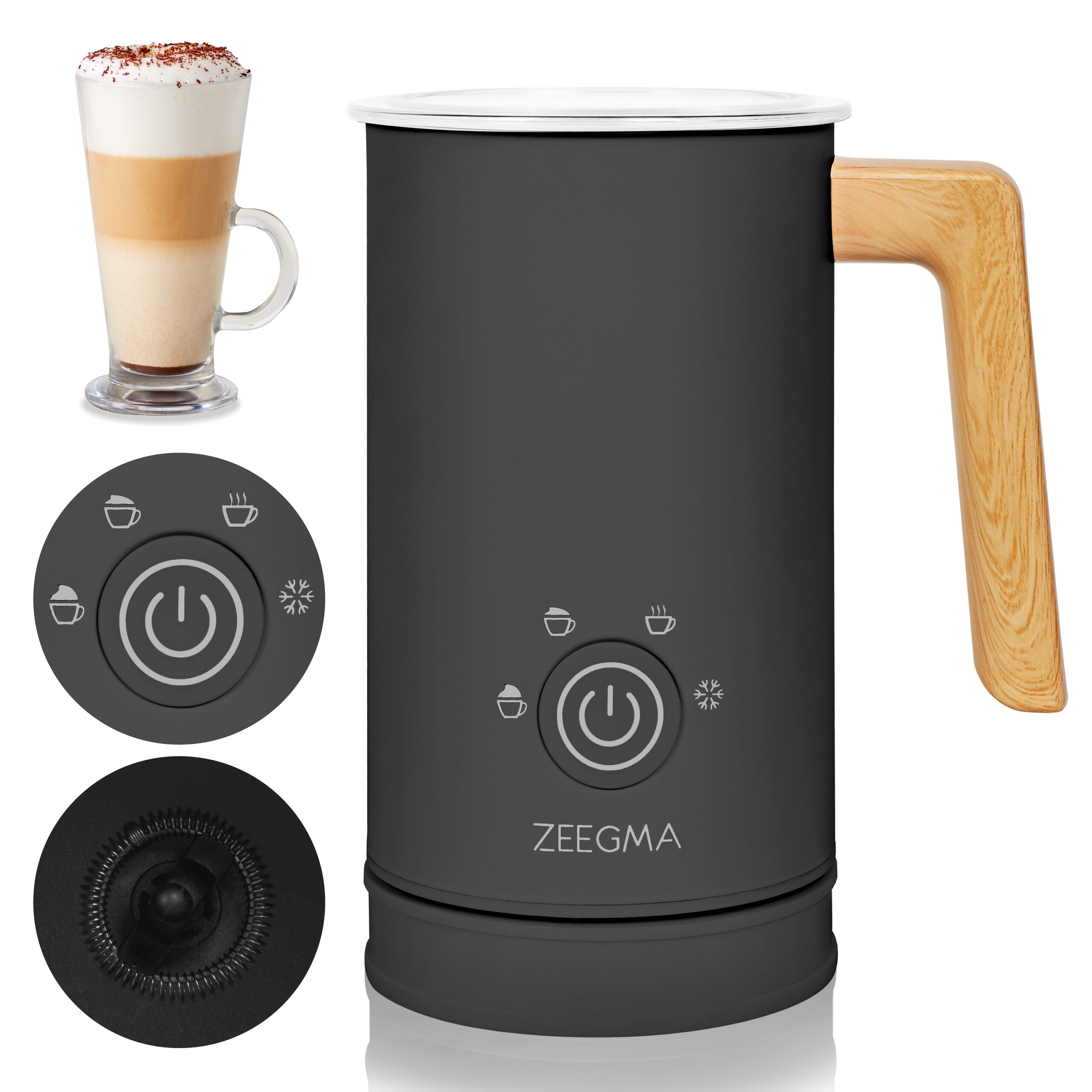 Zeegma Milkee Milchaufschäumer mit Heizung, 500 W, 4 funktionelle Aufschäummodi, Aufschäumen von 115 ml Milch und Erhitzen von 240 ml Milch - Schwarz ZE-MILKEE WOOD BLACK