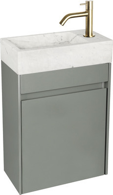Waschtisch-Set Differnz HURA L 40 x 22 cm Waschbecken Marmor weiß mit Unterschrank in grün , Kaltwasserhahn und Siphon gold matt 38.006.16